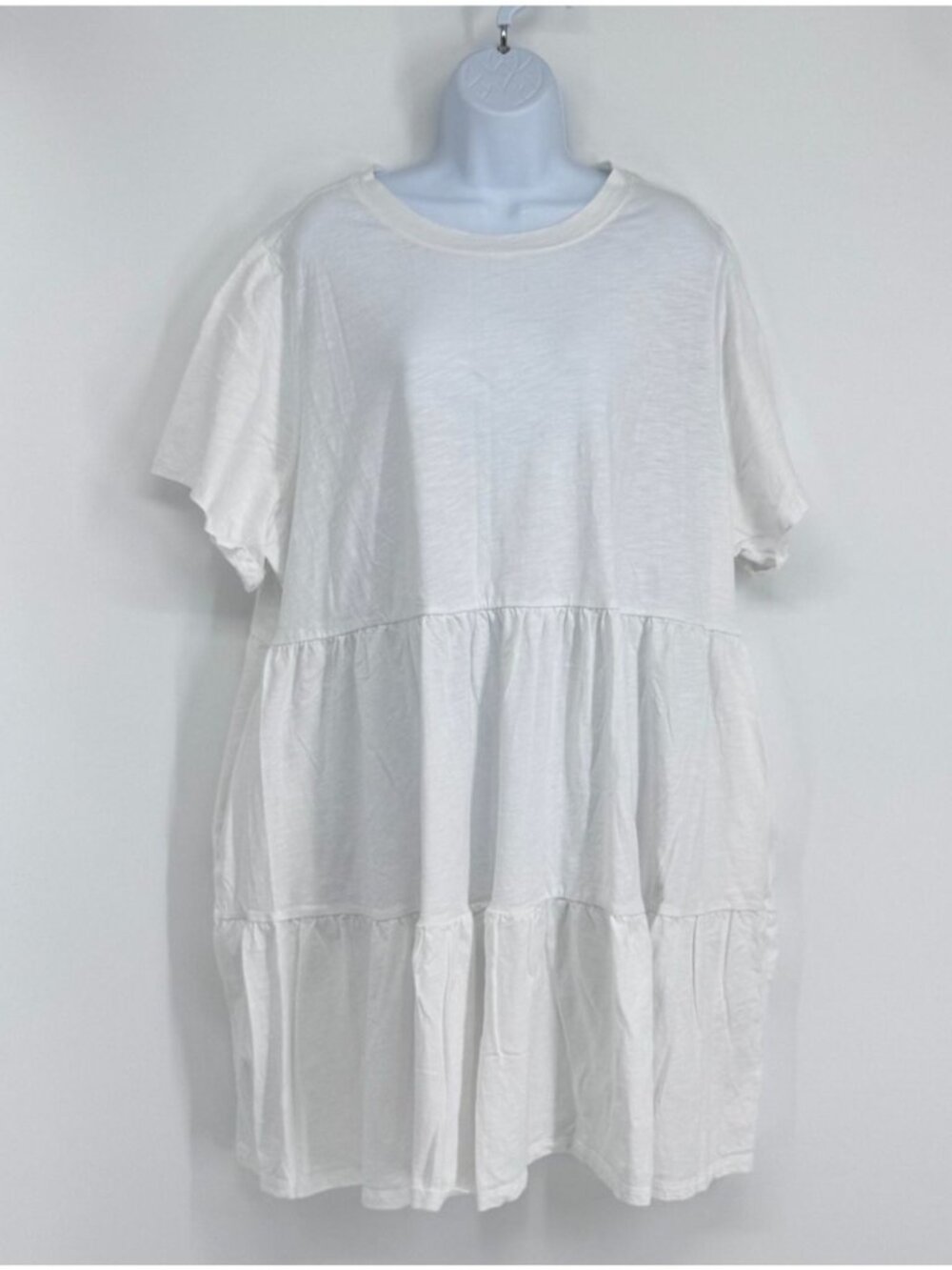 Women 3X White Tiered T-Shirt Dress Cotton Relaxed Fit Babydoll Pockets